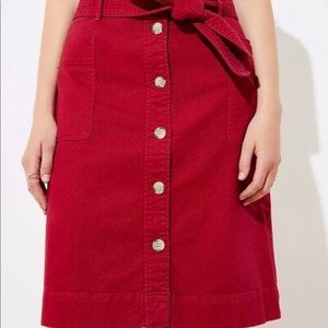 NWT LOFT Button Down Tie Waist Red Midi Skirt